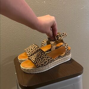 BAMBOO Leopard Print Sandals with Tan and Black Accents